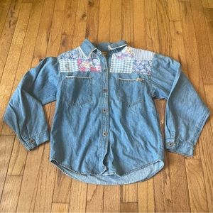 VTG BONJOUR BLUE DENIM JEAN FLORAL PATCHWORK WESTERN BUTTON UP SHIRT SIZE 12
